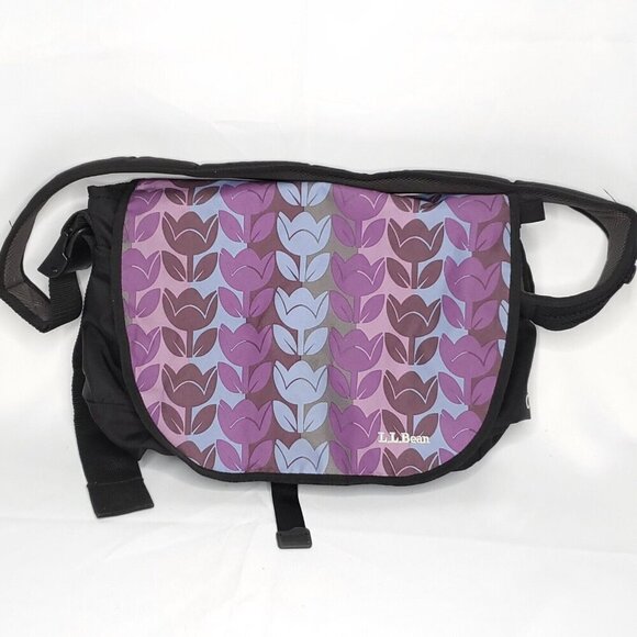 LL Bean Computer Messenger Bag Floral Black Purple Blue - Picture 1 of 9